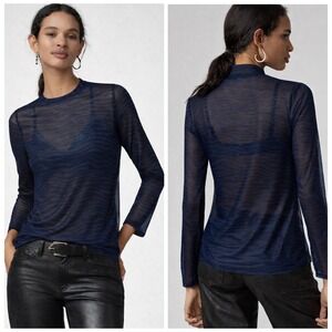 Anthropologie Mesh Top Women's S Blue Tiger Stripe Mock Neck Sheer‎ Grunge Indie
